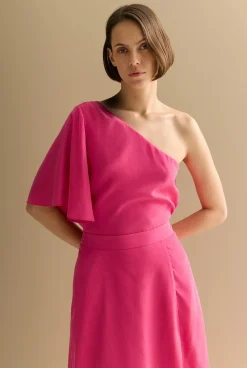 Shirts|T-shirts & Tops>Trenery Asymmetric Sleeve Draped Top Fuchsia