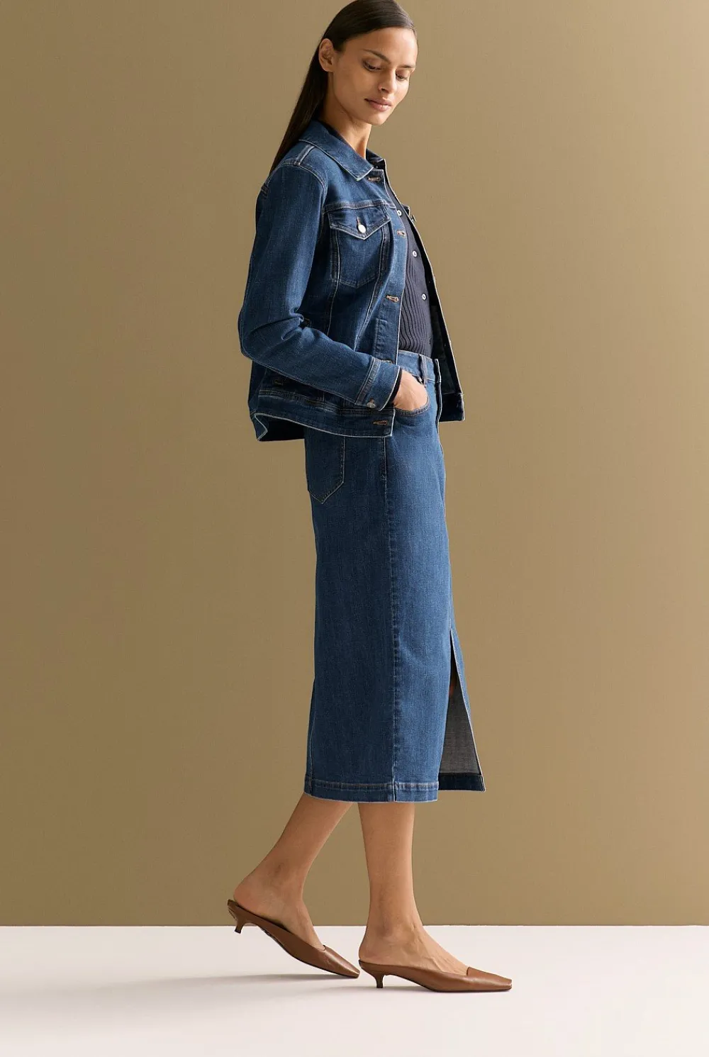 Denim & Jeans|Skirts>Trenery Australian Cotton Blend Classic Denim Skirt MidBlueDenim