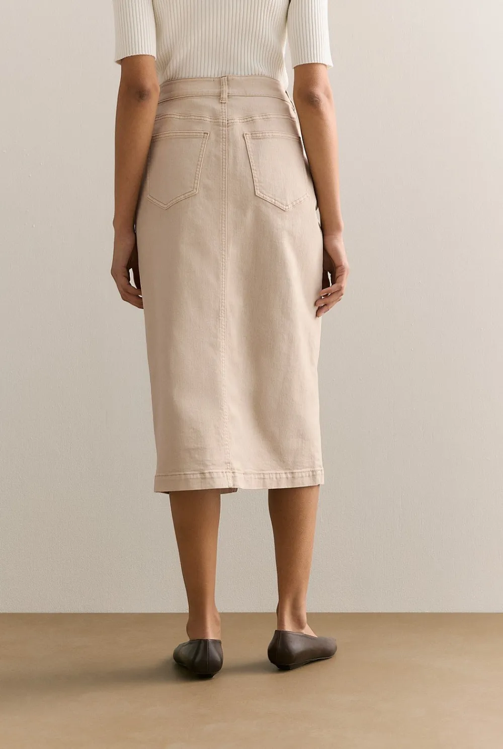 Skirts>Trenery Australian Cotton Blend Garment Dyed Denim Skirt Sand