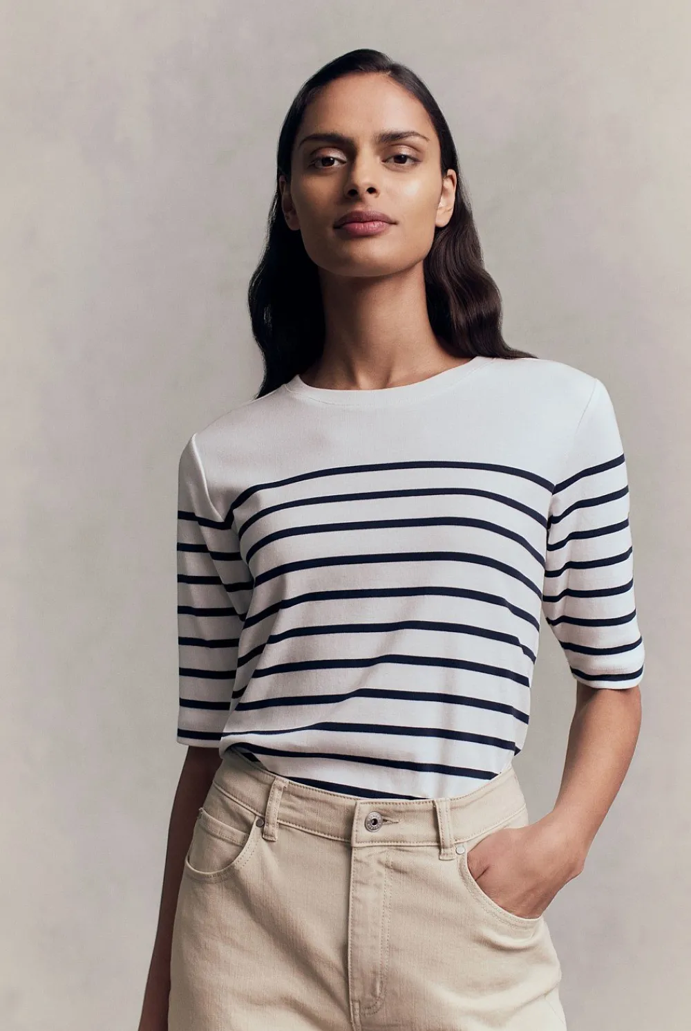 T-shirts & Tops>Trenery Australian Cotton Breton Stripe Half Sleeve T-shirt NightSky