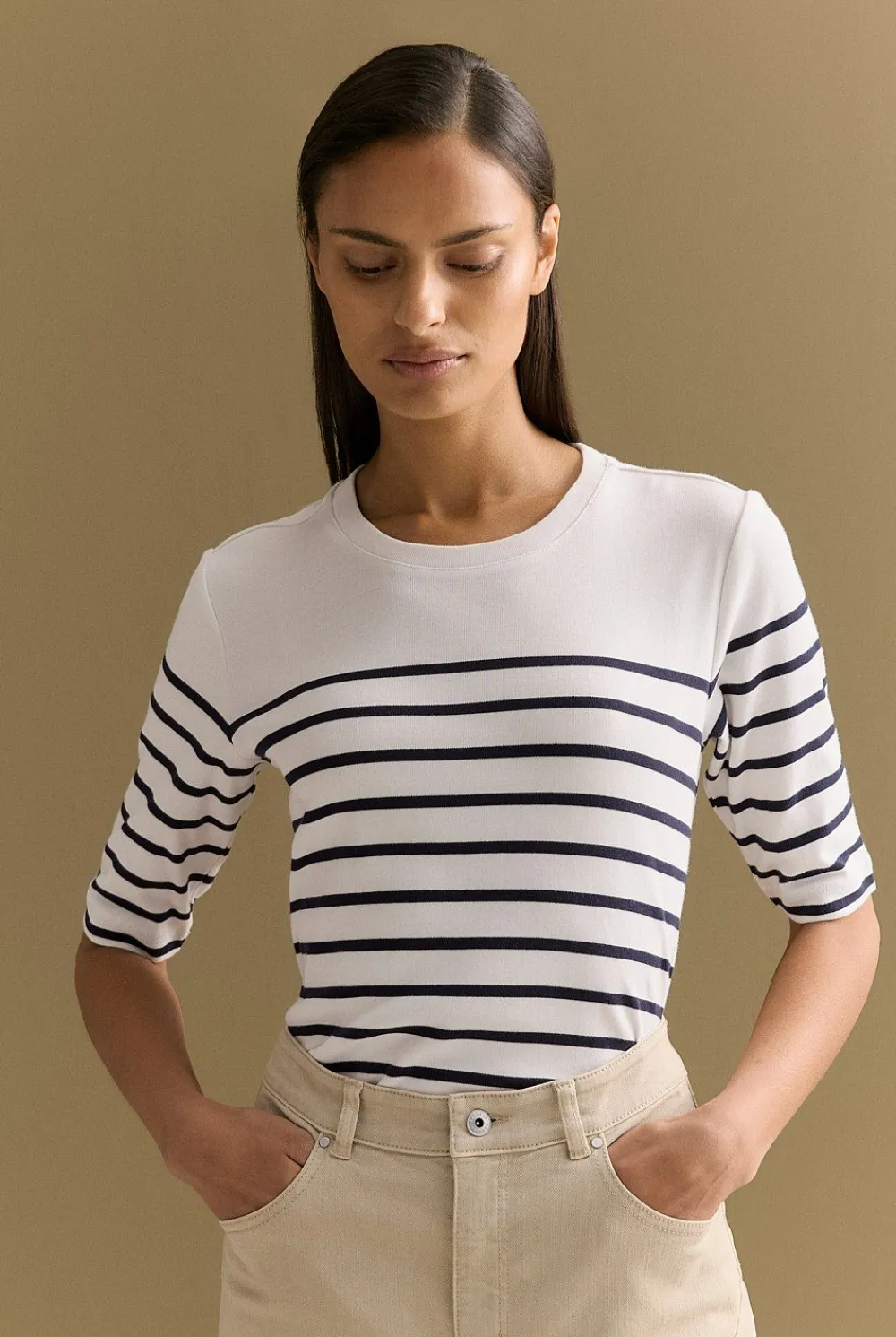 T-shirts & Tops>Trenery Australian Cotton Breton Stripe Half Sleeve T-shirt NightSky