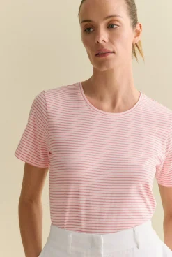 T-shirts & Tops>Trenery Australian Cotton Fine Stripe T-shirt PinkGrenadine
