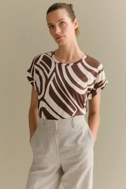 T-shirts & Tops>Trenery Australian Cotton Geo Cuff Sleeve T-shirt Chocolate