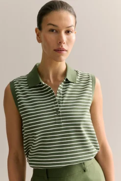 T-shirts & Tops>Trenery Australian Cotton Stripe Sleeveless Polo Top Ivy
