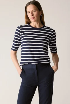 T-shirts & Tops>Trenery Australian Cotton Stripe Half Sleeve T-Shirt NightSky