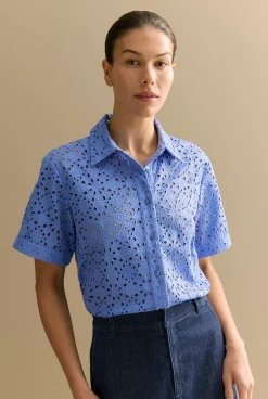 Shirts>Trenery Broderie Anglaise Short Sleeve Shirt WedgewoodBlue