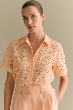 Shirts|Occasion Dresses & Outfits>Trenery Broderie Anglaise Short Sleeve Shirt PaleApricot