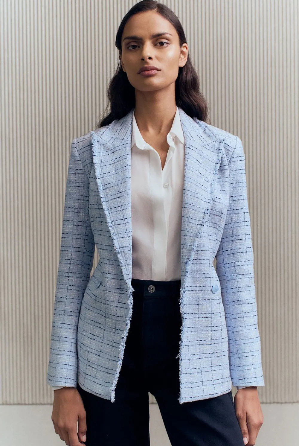 Outerwear>Trenery Cotton Blend Check Tweed Fray Double Breasted Blazer CornflowerBlue