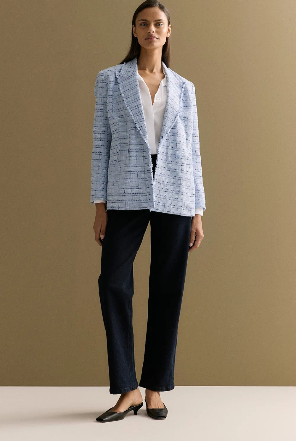Outerwear>Trenery Cotton Blend Check Tweed Fray Double Breasted Blazer CornflowerBlue