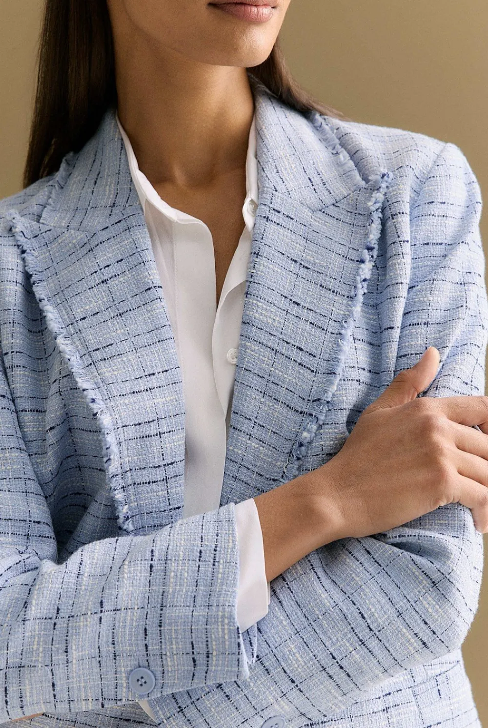 Outerwear>Trenery Cotton Blend Check Tweed Fray Double Breasted Blazer CornflowerBlue