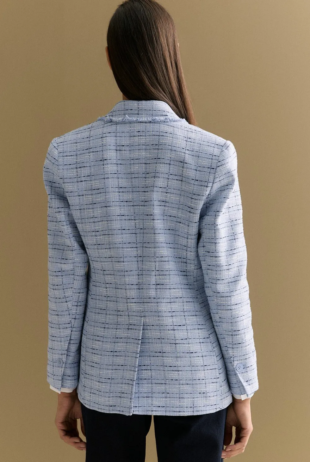 Outerwear>Trenery Cotton Blend Check Tweed Fray Double Breasted Blazer CornflowerBlue