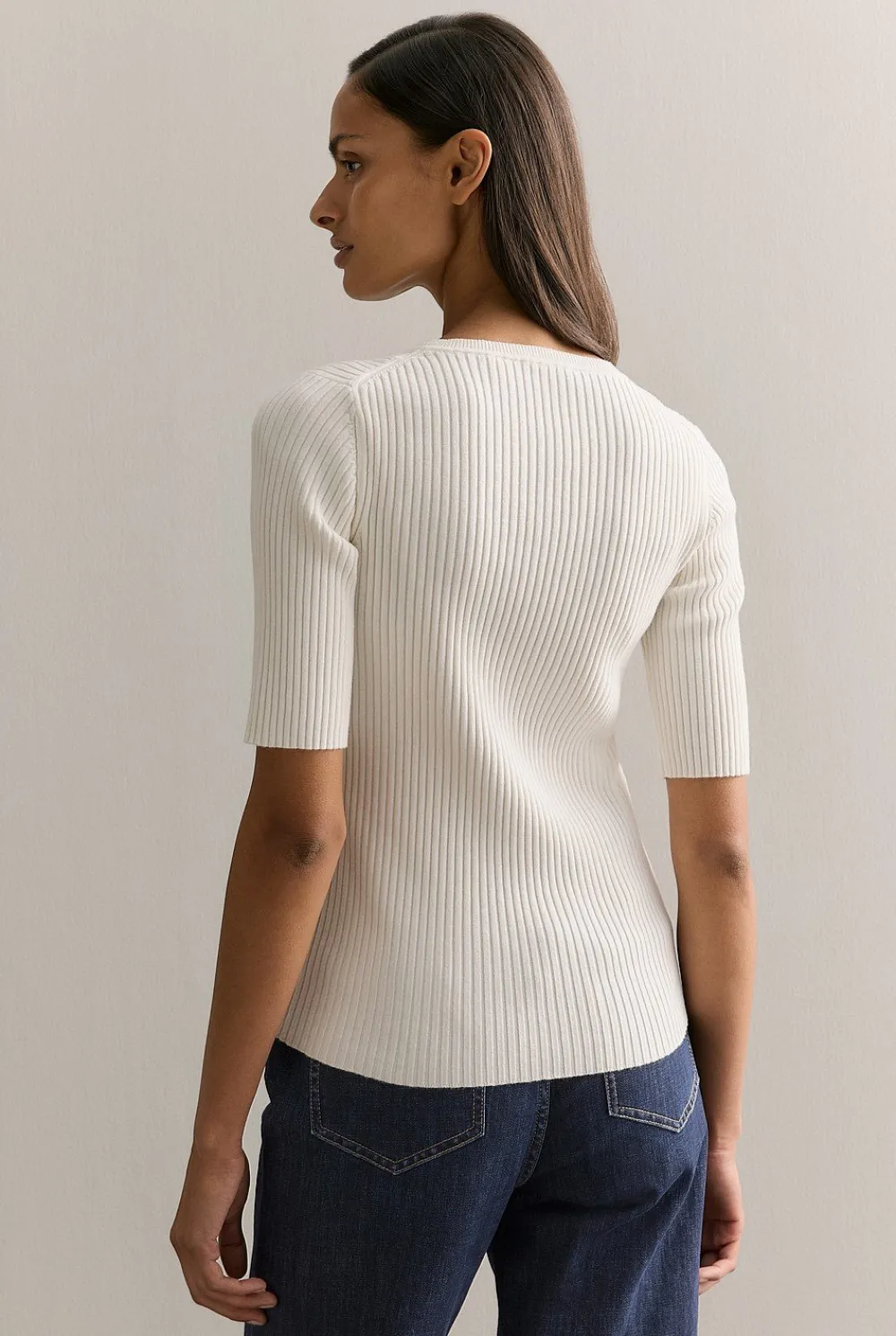 Knitwear>Trenery Cotton Cashmere Blend Rib Knit T-shirt Parchment