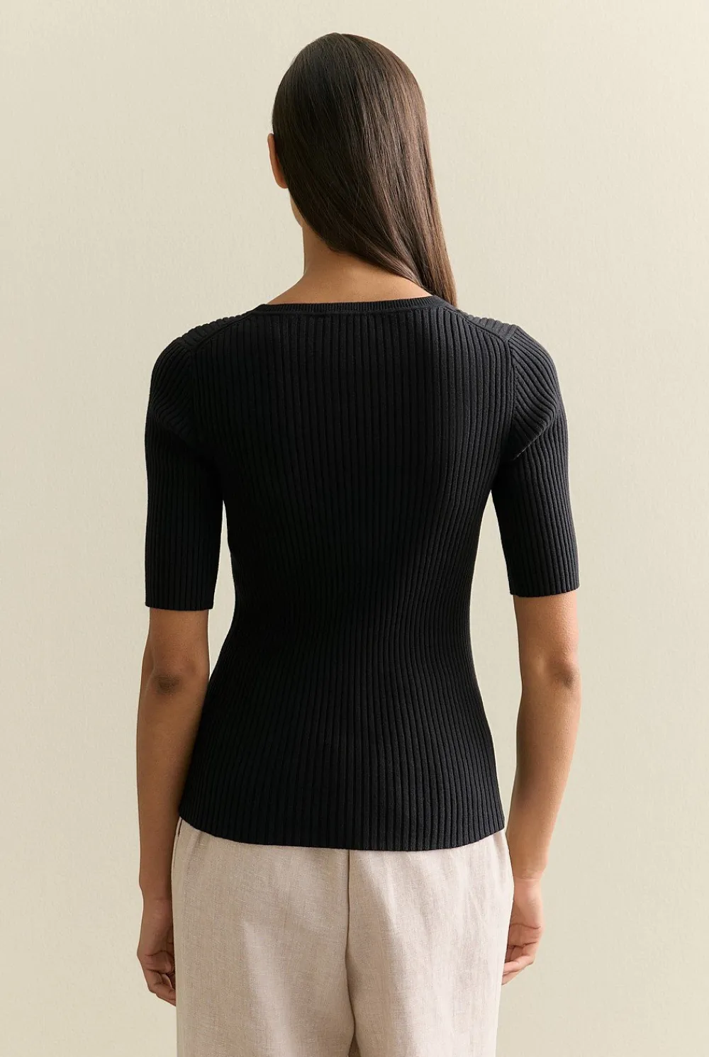 Knitwear>Trenery Cotton Cashmere Blend Rib Knit T-shirt Black