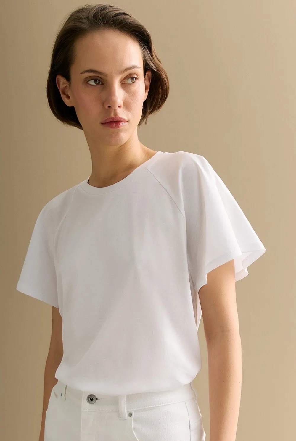 T-shirts & Tops>Trenery Cotton Interlock Raglan Flutter Sleeve T-shirt White