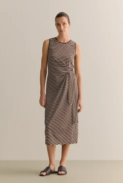 Dresses>Trenery Cotton Interlock Stripe Gathered Tank Dress Chocolate