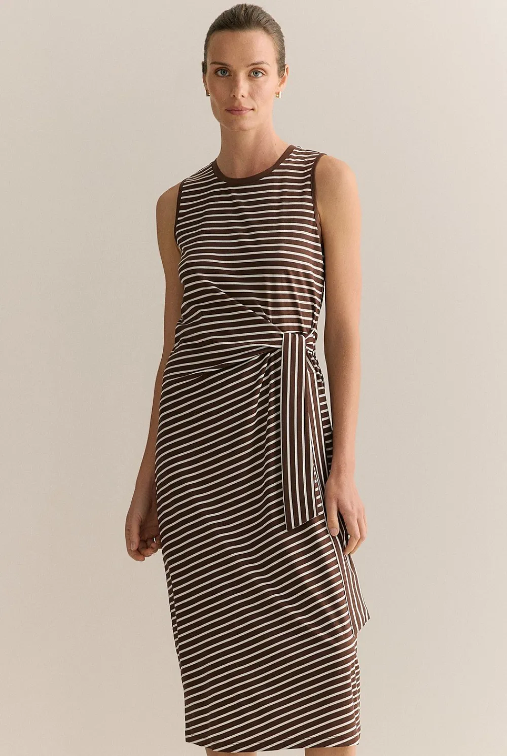 Dresses>Trenery Cotton Interlock Stripe Gathered Tank Dress Chocolate