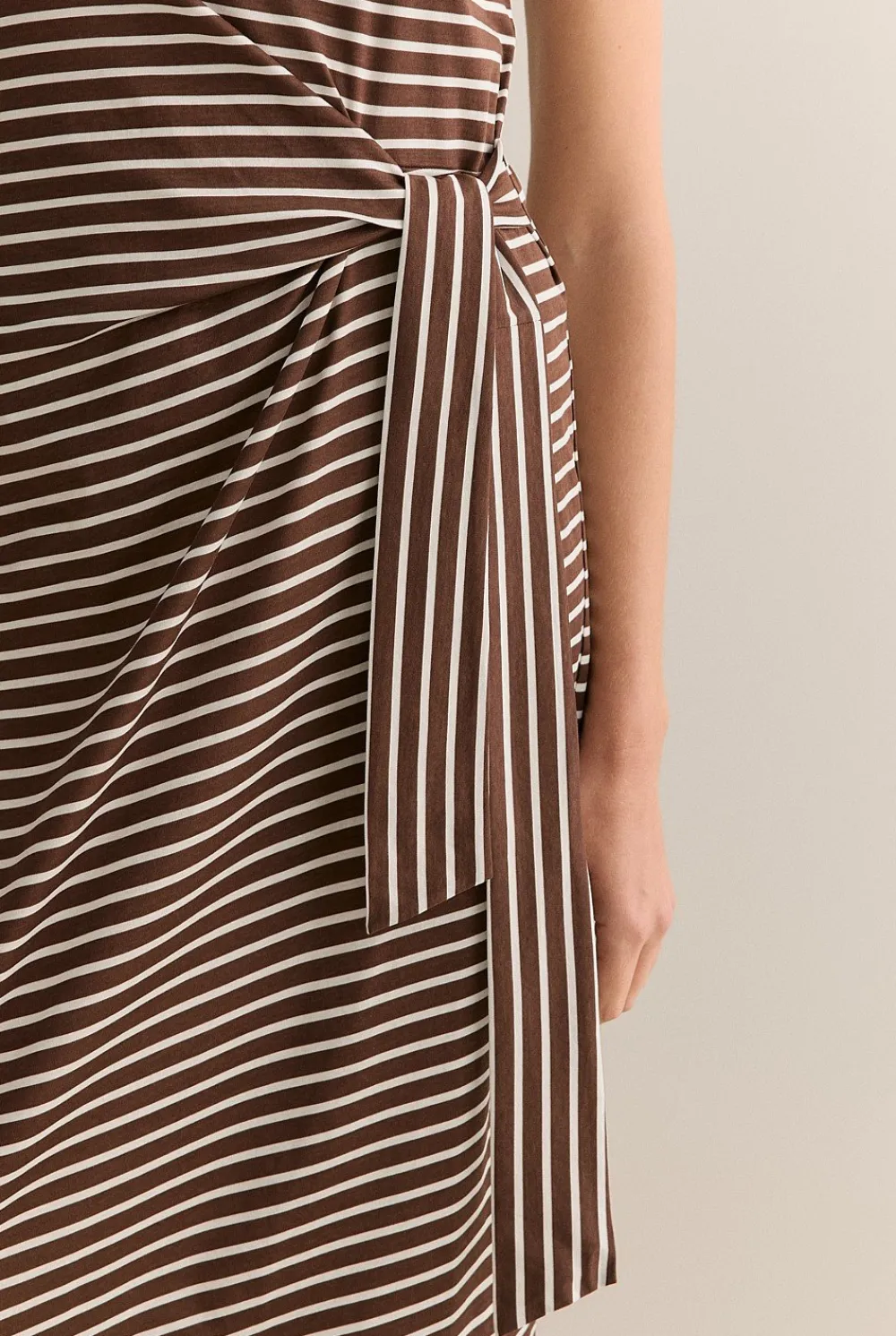 Dresses>Trenery Cotton Interlock Stripe Gathered Tank Dress Chocolate