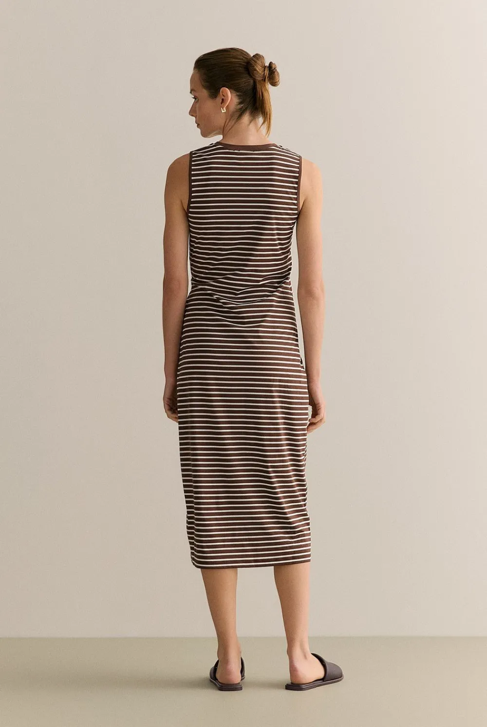 Dresses>Trenery Cotton Interlock Stripe Gathered Tank Dress Chocolate