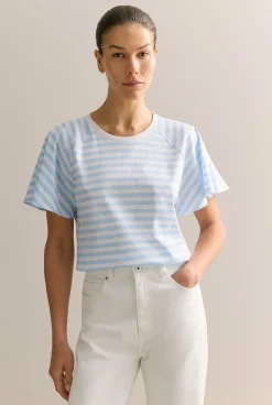 T-shirts & Tops>Trenery Cotton Interlock Stripe Raglan T-shirt WedgewoodBlue