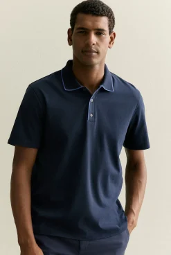 Polo Shirts>Trenery Cotton Interlock Tipped Polo Navy