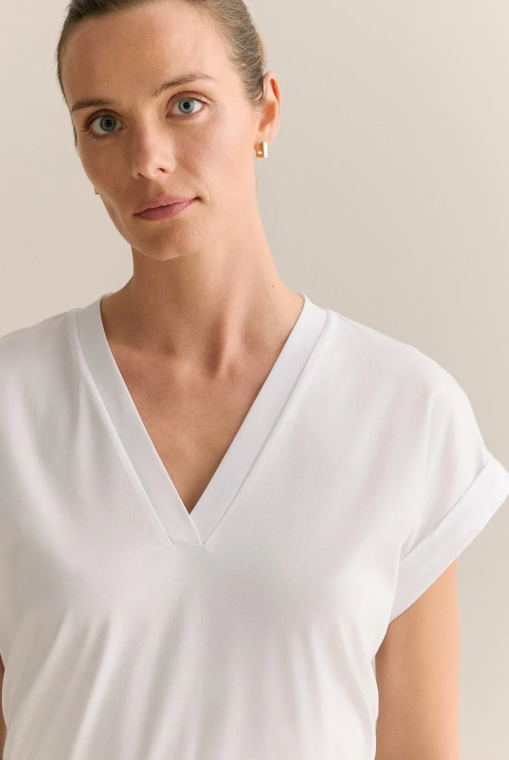 T-shirts & Tops>Trenery Cotton Interlock V Neck T-shirt White
