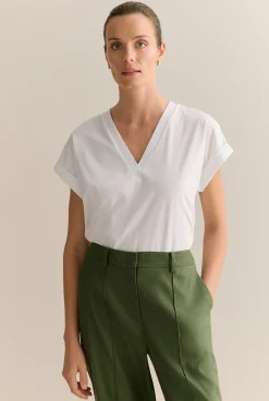 T-shirts & Tops>Trenery Cotton Interlock V Neck T-shirt White