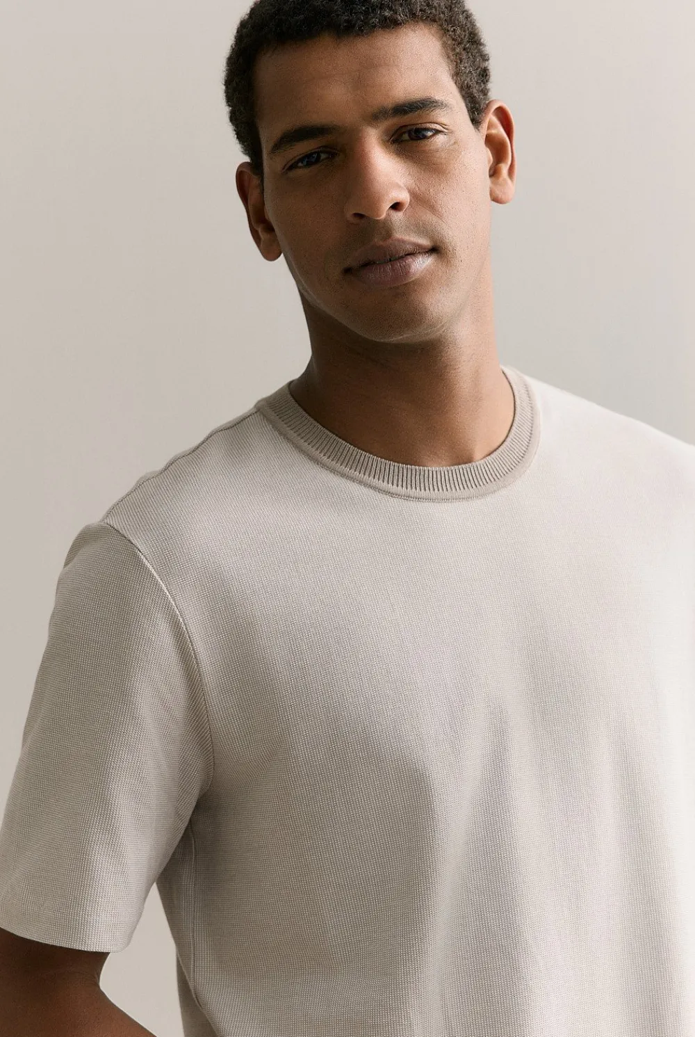 T-shirts>Trenery Cotton Jacquard Contrast Collar T-shirt Cement