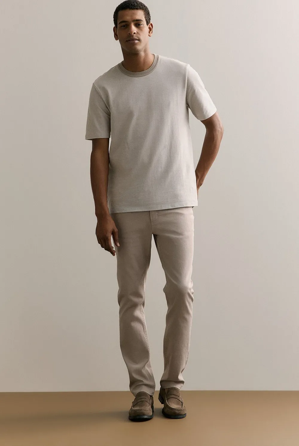 T-shirts>Trenery Cotton Jacquard Contrast Collar T-shirt Cement