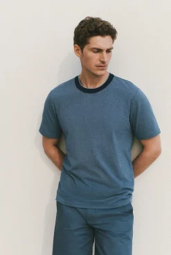 T-shirts>Trenery Cotton Jacquard Contrast Collar T-shirt WashedNavy