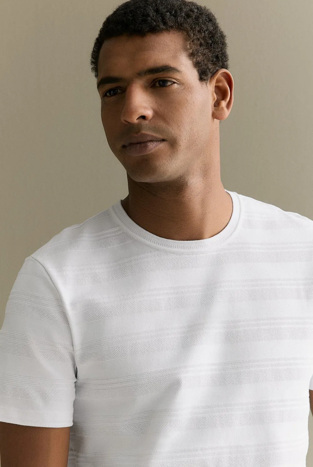 T-shirts>Trenery Cotton Jacquard Textured Stripe T-shirt White