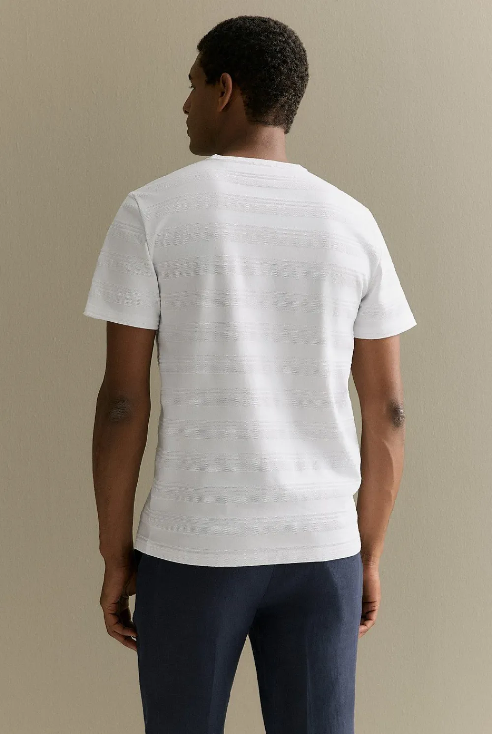 T-shirts>Trenery Cotton Jacquard Textured Stripe T-shirt White