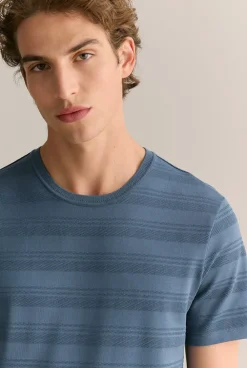T-shirts>Trenery Cotton Jacquard Textured Stripe T-shirt PetrolBlue