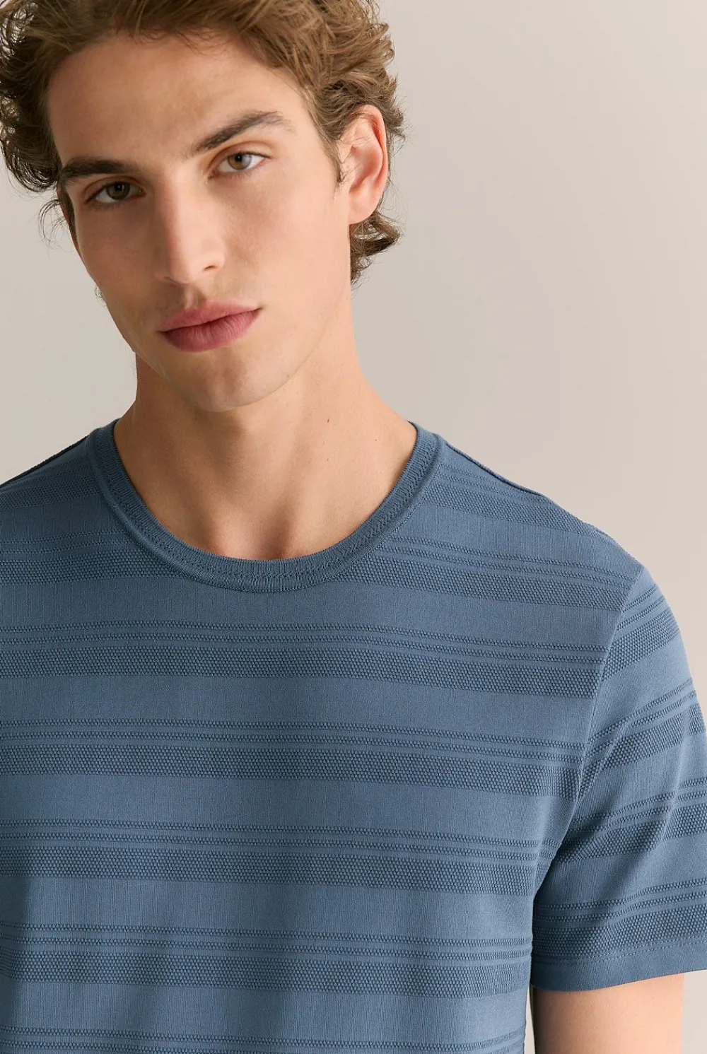 T-shirts>Trenery Cotton Jacquard Textured Stripe T-shirt PetrolBlue