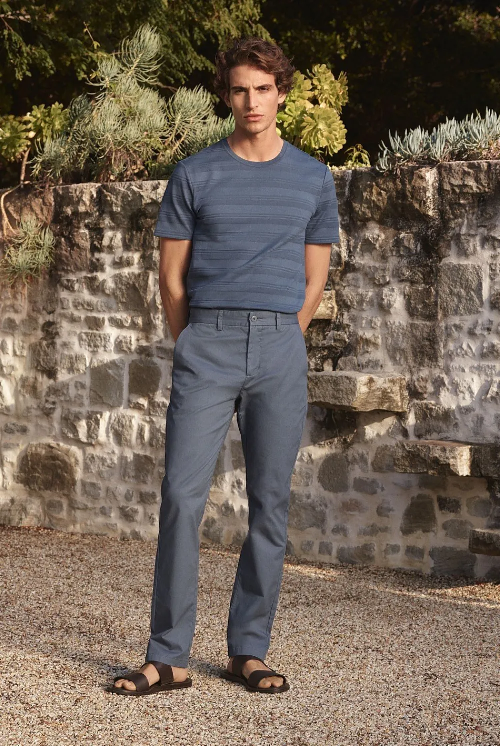 T-shirts>Trenery Cotton Jacquard Textured Stripe T-shirt PetrolBlue
