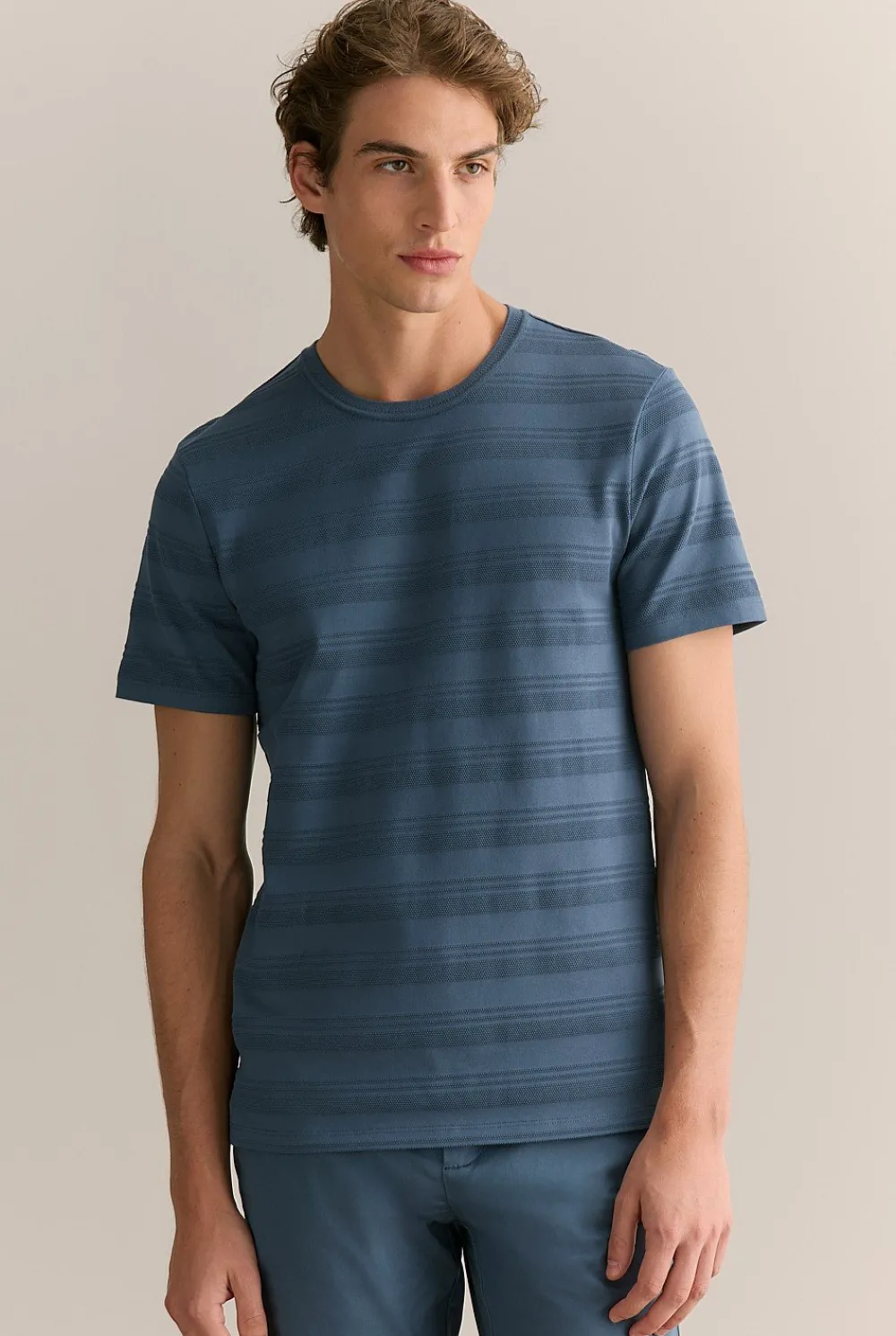 T-shirts>Trenery Cotton Jacquard Textured Stripe T-shirt PetrolBlue