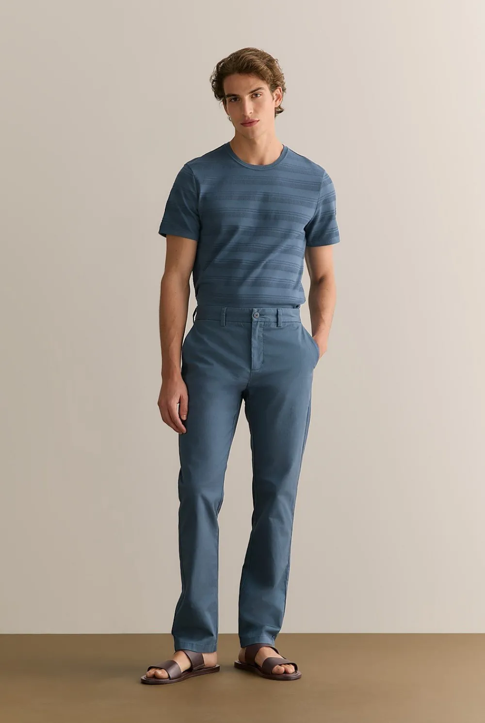 T-shirts>Trenery Cotton Jacquard Textured Stripe T-shirt PetrolBlue
