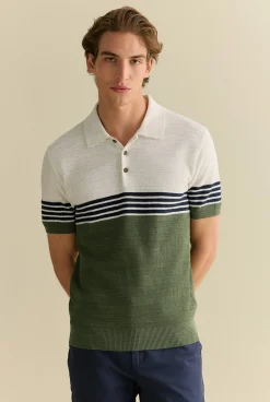 T-shirts|Polo Shirts>Trenery Cotton Linen Textured Colourblock Stripe Polo Ivy