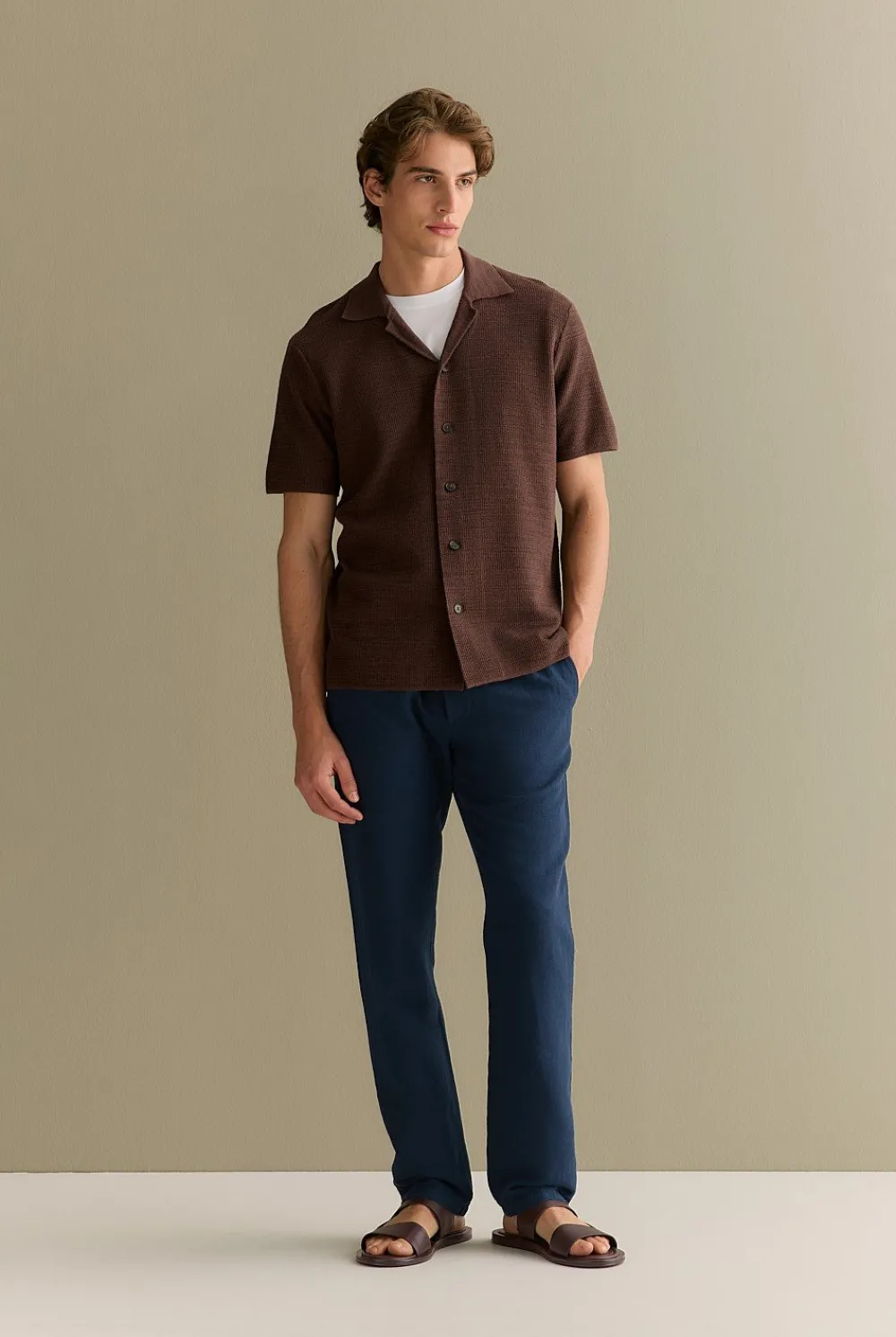 T-shirts|Polo Shirts>Trenery Cotton Linen Textured Knit Shirt Chocolate