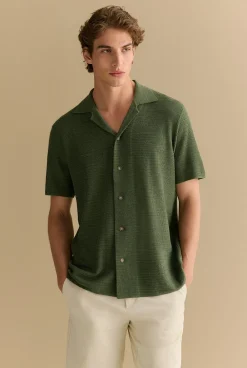 Shirts|Knitwear>Trenery Cotton Linen Textured Knit Shirt Ivy