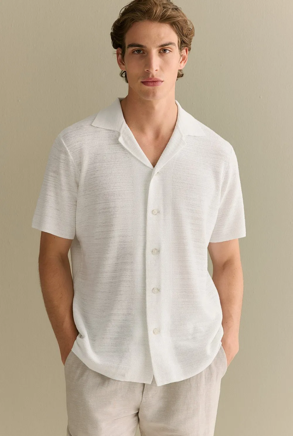 Shirts|Knitwear>Trenery Cotton Linen Textured Knit Shirt White
