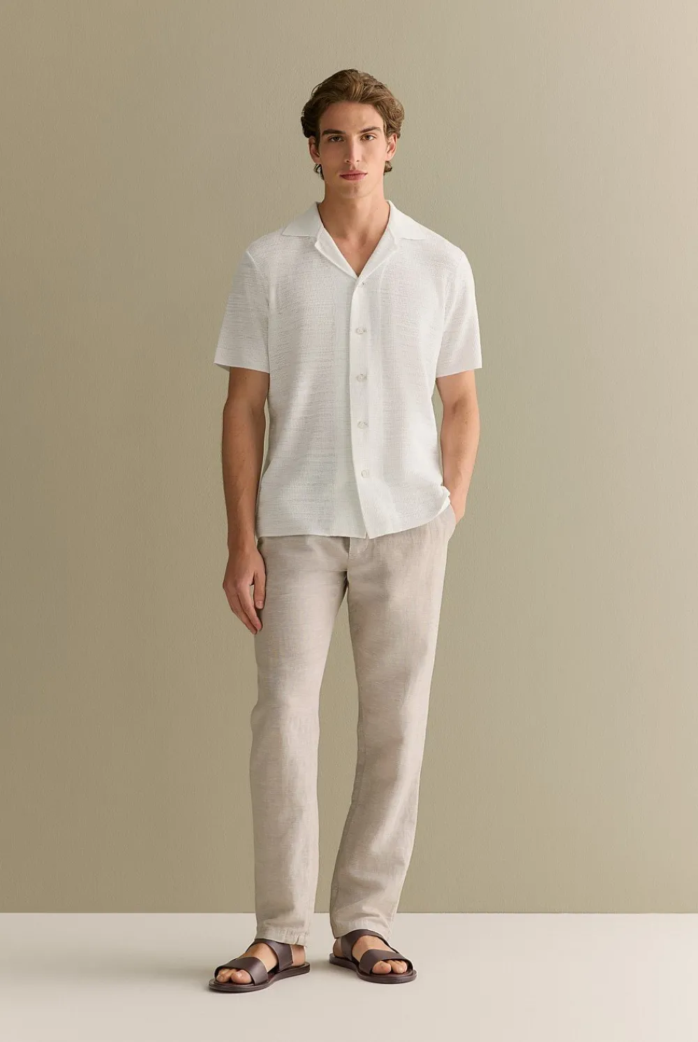 Shirts|Knitwear>Trenery Cotton Linen Textured Knit Shirt White