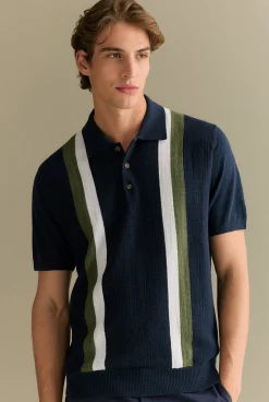T-shirts|Polo Shirts>Trenery Cotton Linen Textured Stripe Polo Navy