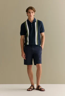 T-shirts|Polo Shirts>Trenery Cotton Linen Textured Stripe Polo Navy