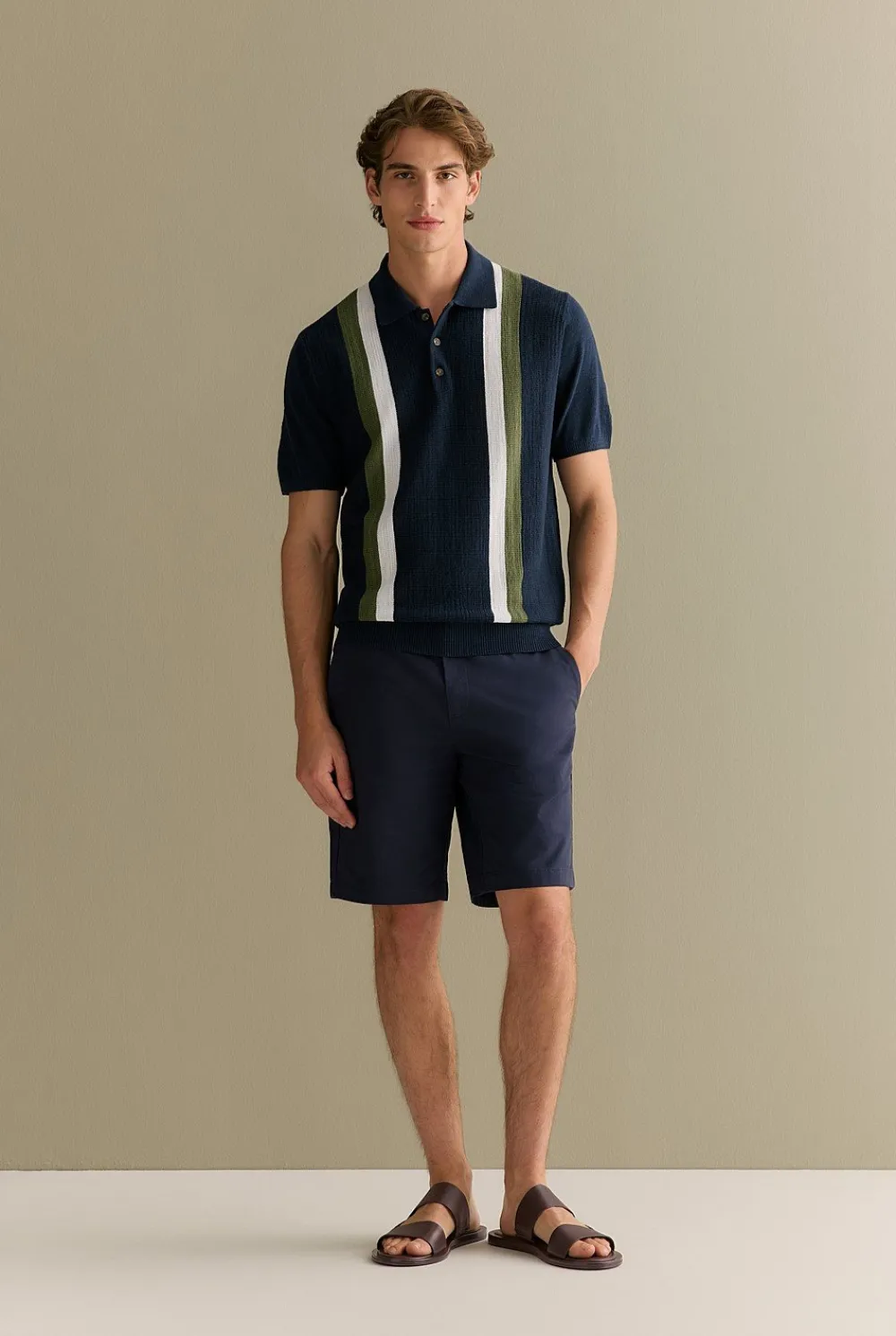 T-shirts|Polo Shirts>Trenery Cotton Linen Textured Stripe Polo Navy