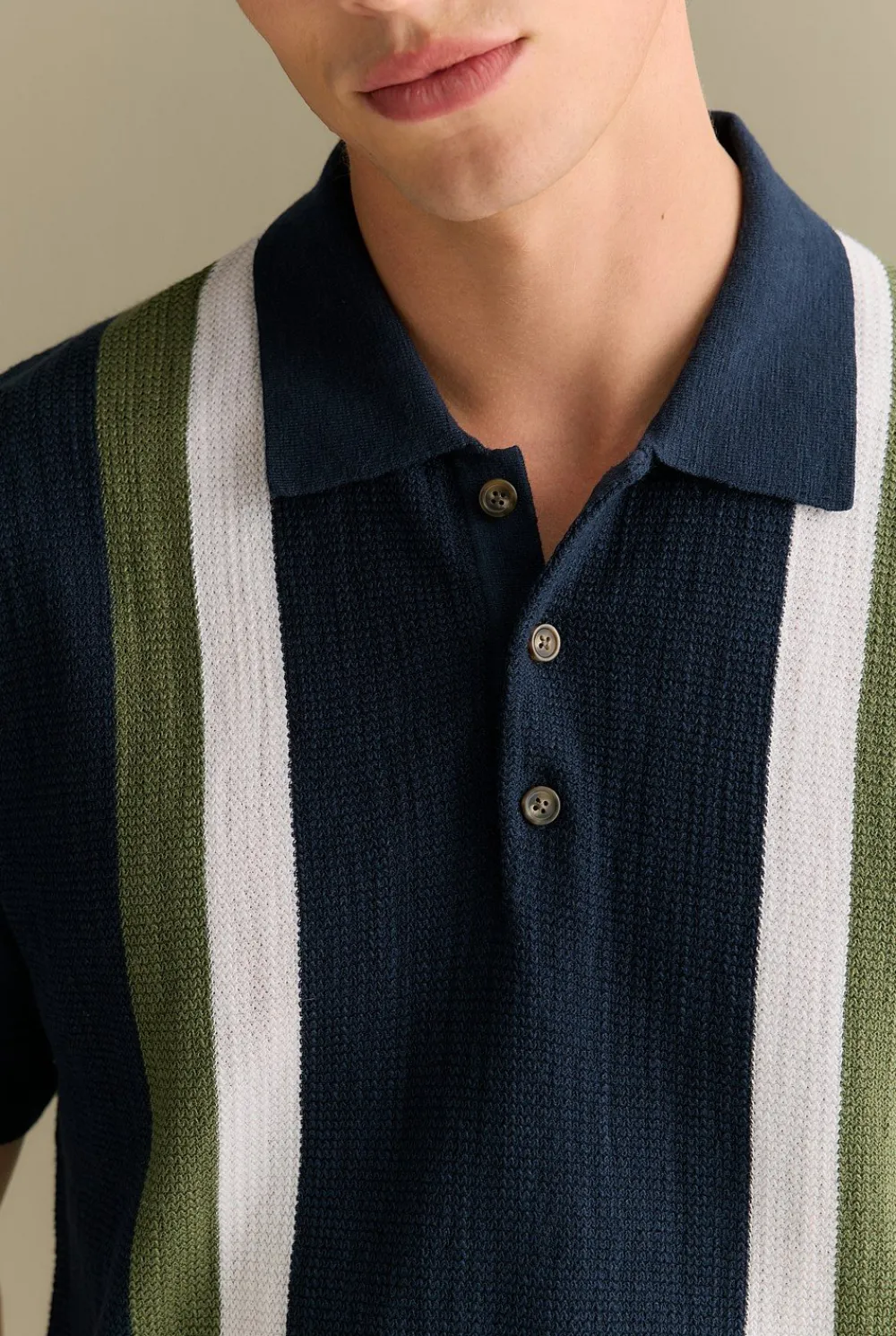 T-shirts|Polo Shirts>Trenery Cotton Linen Textured Stripe Polo Navy