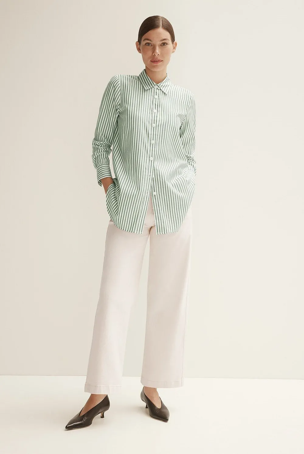 Shirts>Trenery Cotton Modal Stripe Longline Shirt WoodlandGreen