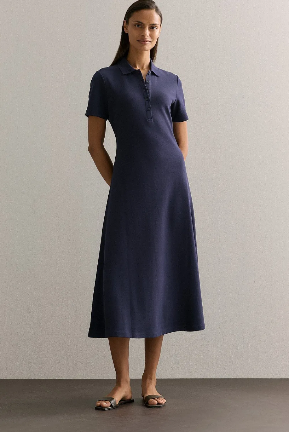 Dresses>Trenery Cotton Pique Polo Midi Dress Navy