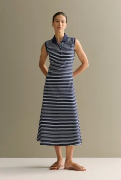 Dresses>Trenery Cotton Pique Stripe Sleeveless Polo Dress Navy