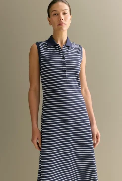 Dresses>Trenery Cotton Pique Stripe Sleeveless Polo Dress Navy