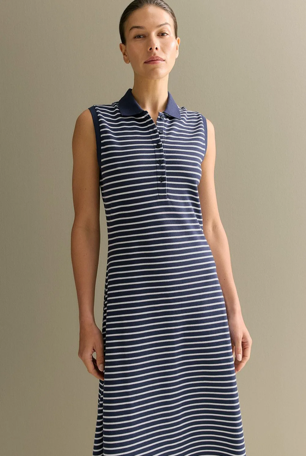 Dresses>Trenery Cotton Pique Stripe Sleeveless Polo Dress Navy